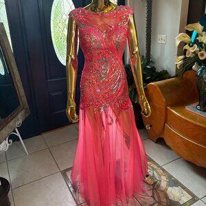 Size 4 Pink Sequin Mermaid Dress - Illusion Back Beaded Evening Gown